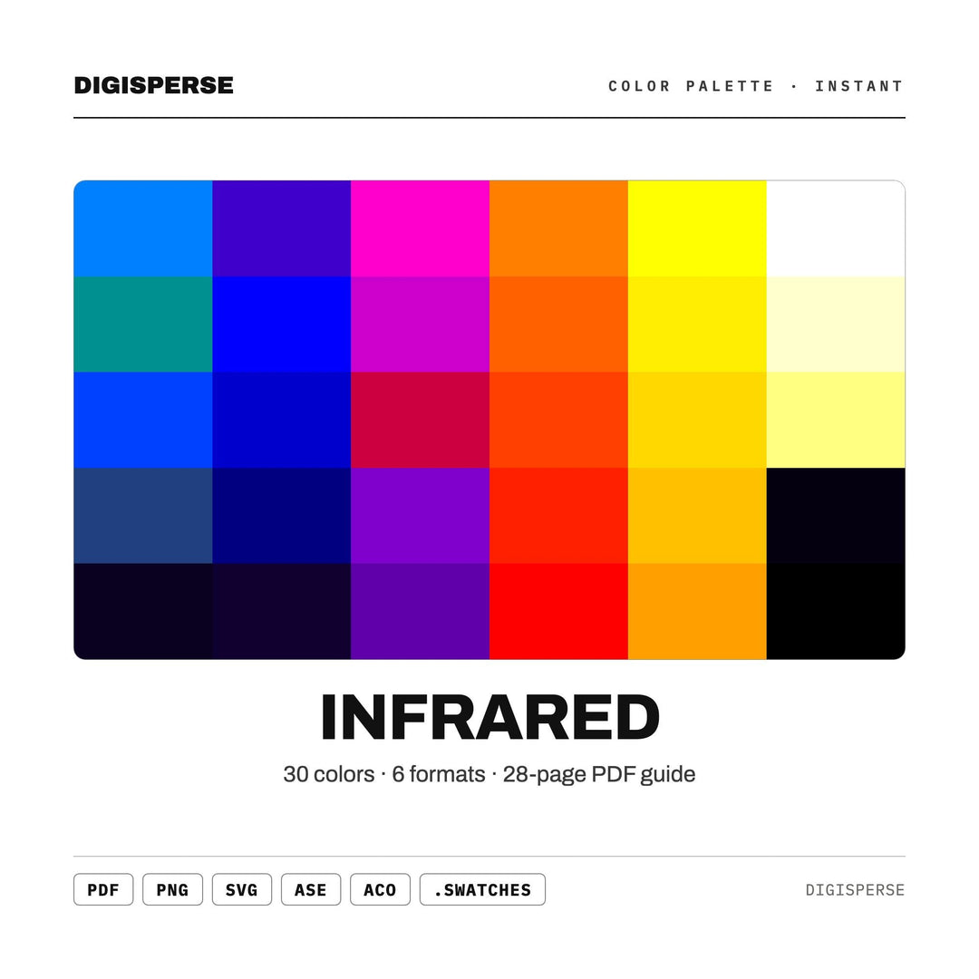 Neon Thermal Color Palette for Sci Fi Surreal Art and Futuristic Branding, 30 Infrared Glow Hues, Procreate Swatches, Hex Codes