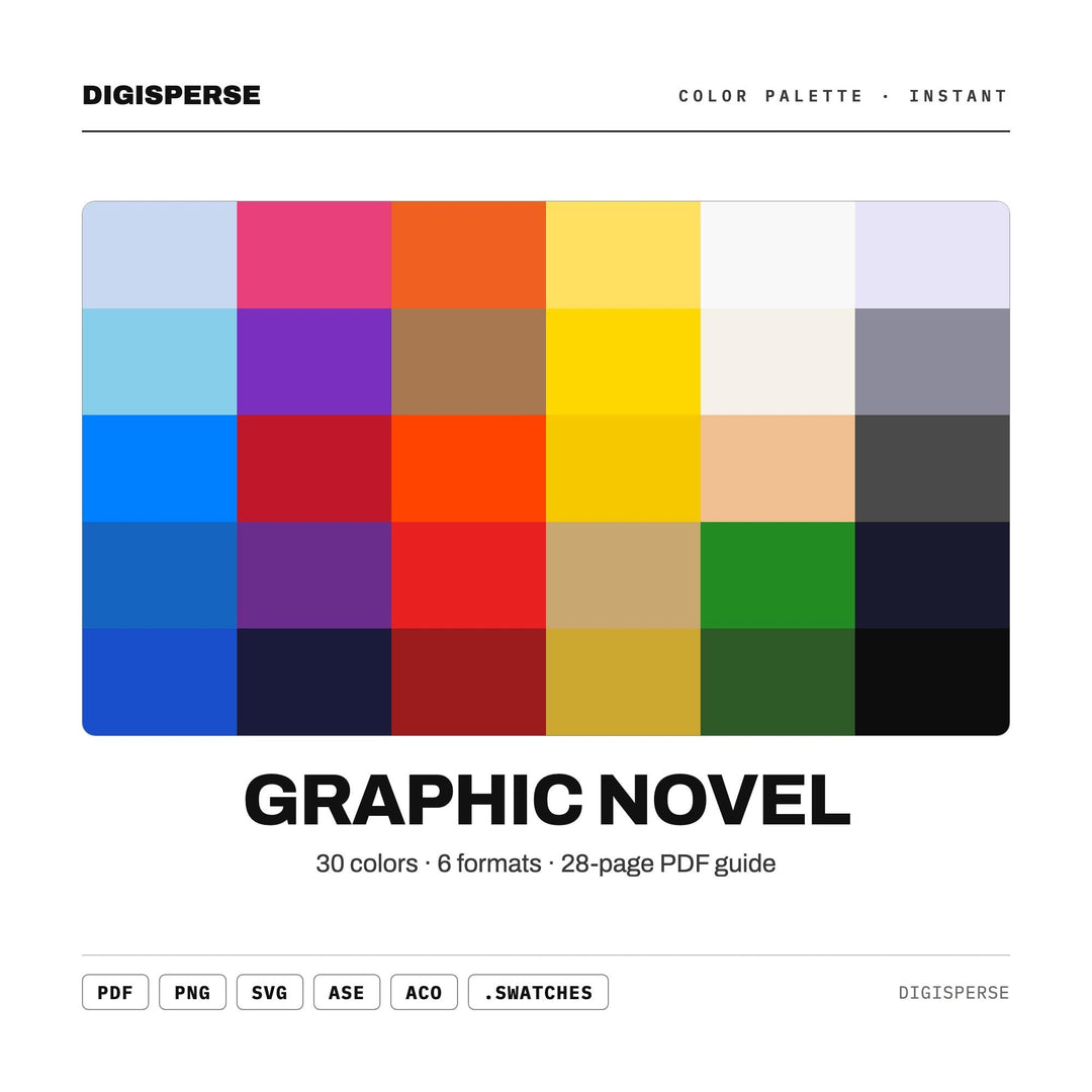 Bold Ink Color Palette for Comic Illustration Art and Indie Branding, 30 Graphic Novel Hues, Procreate Swatches, Hex Codes