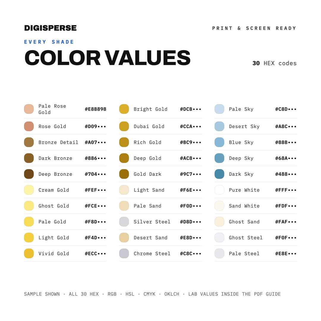 Dubai Gold Color Palette | 30 Colors | Hex RGB CMYK | Color Guide | Procreate Swatches + ASE | Digital Download