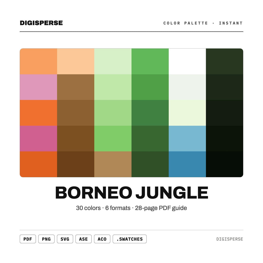Borneo Jungle Color Palette | 30 Procreate Swatches, HEX, RGB, CMYK (Digital Download)