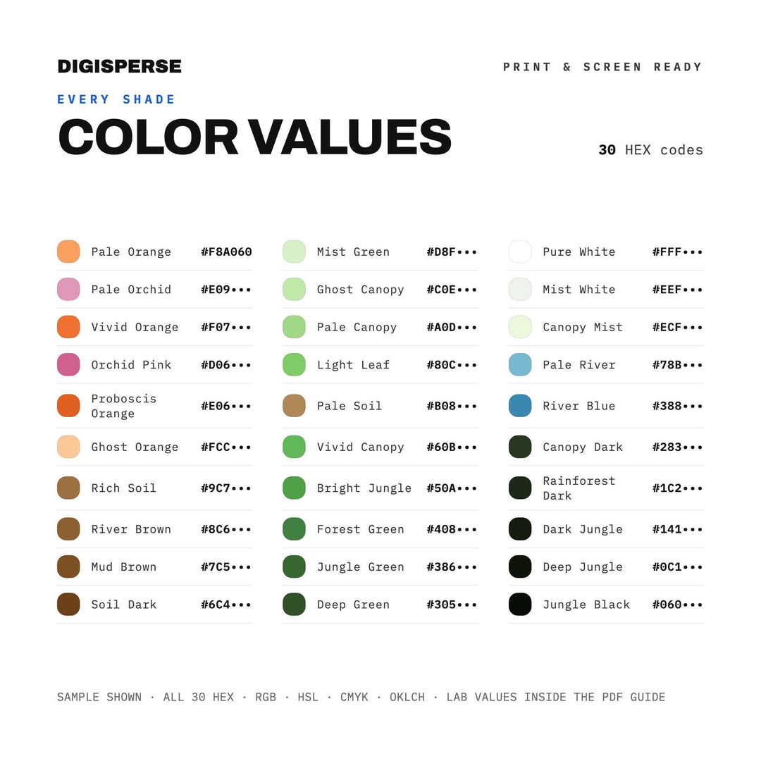 Borneo Jungle Color Palette | 30 Procreate Swatches, HEX, RGB, CMYK (Digital Download)