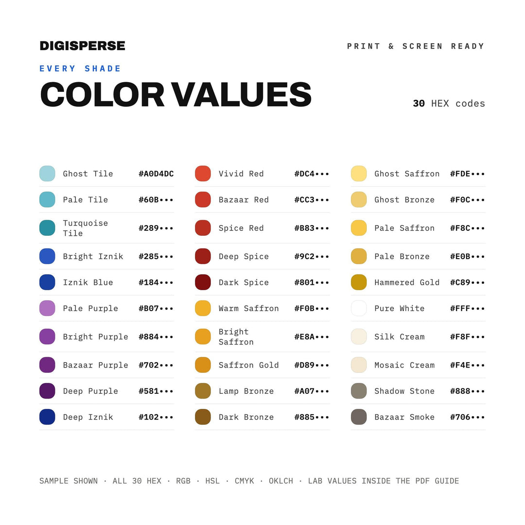Istanbul Bazaar Color Palette | 30 Procreate Swatches, HEX, RGB, CMYK (Digital Download)