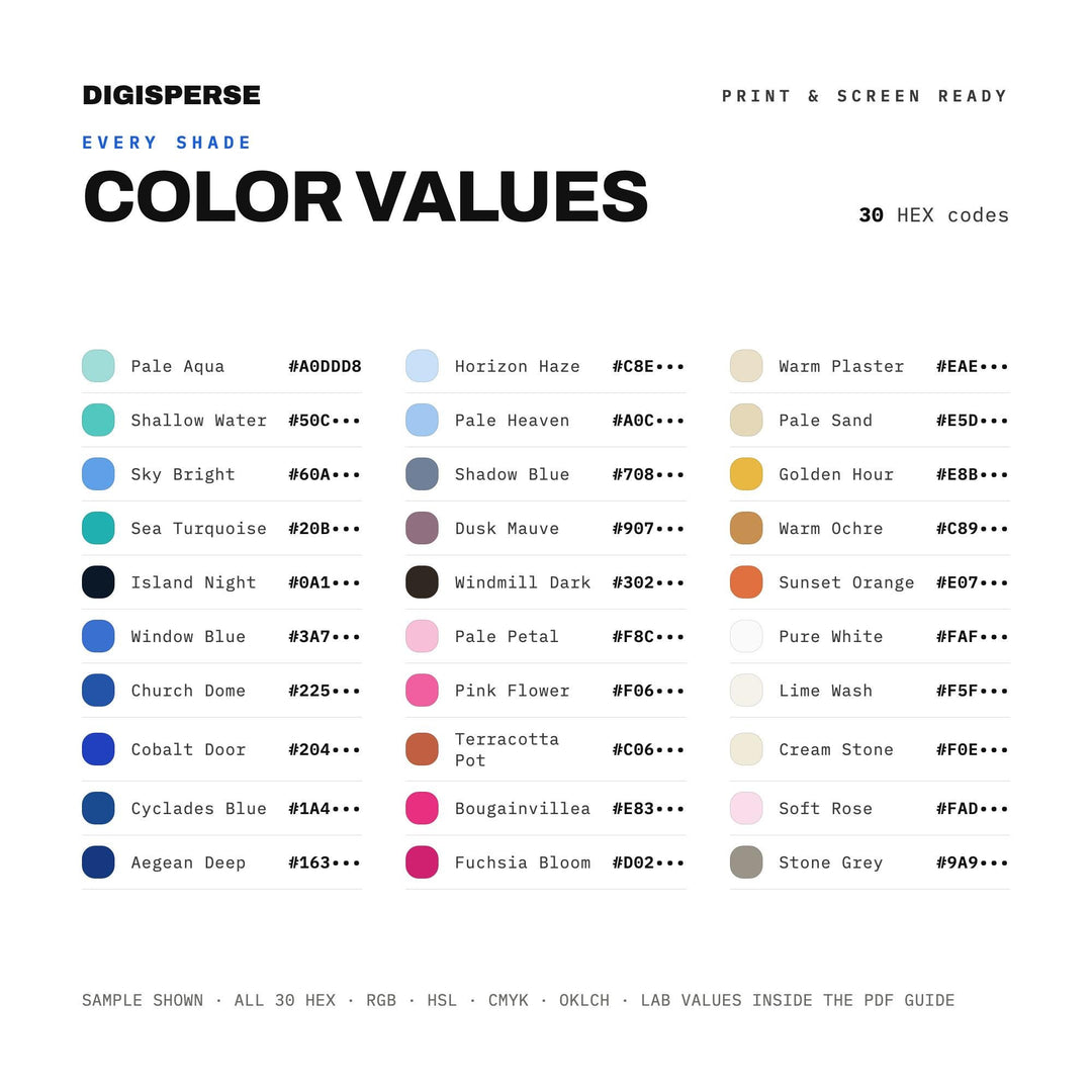 Mykonos White Color Palette | 30 Procreate Swatches, HEX, RGB, CMYK (Digital Download)