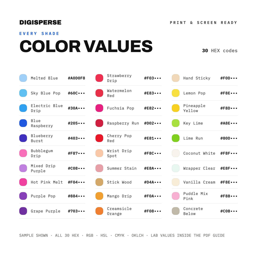 Popsicle Drip Color Palette | 30 Colors | Hex RGB CMYK | Procreate Swatches + ASE | Digital Download