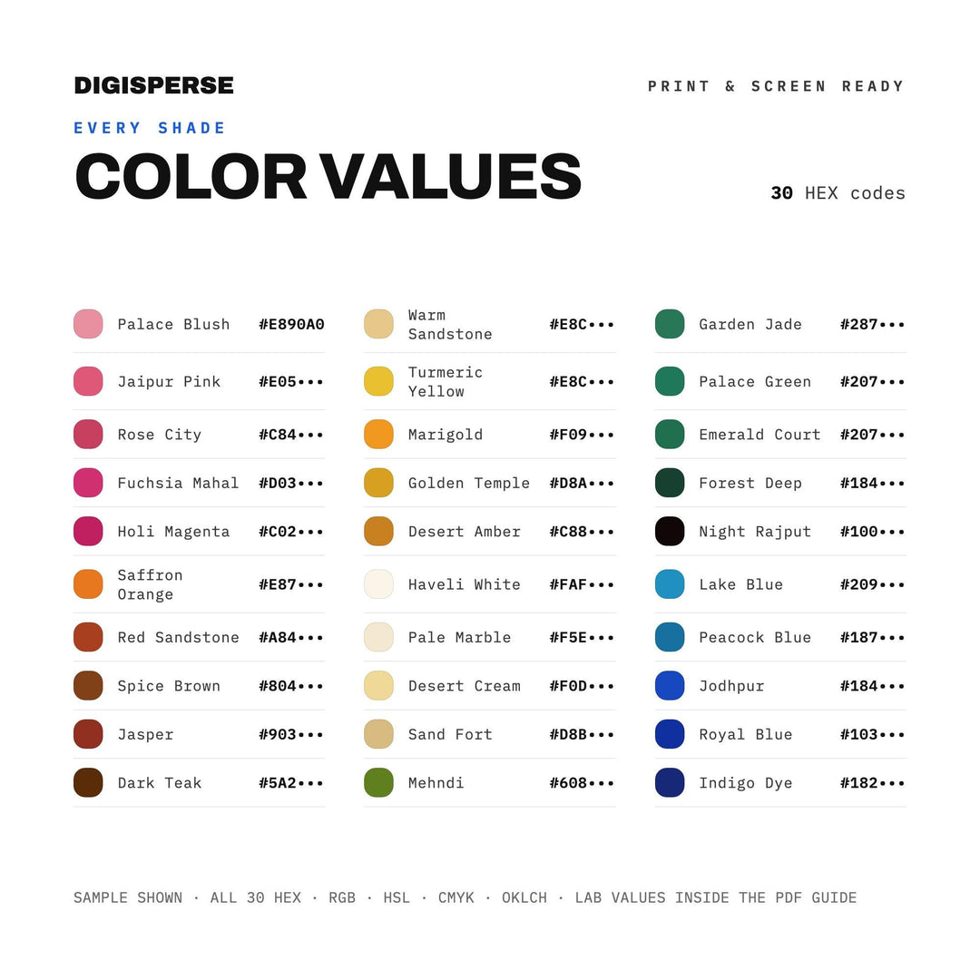 Vibrant Jewel Color Palette for Indian Festival Art and Bohemian Branding, 30 Rajasthan Spice Hues, Procreate Swatches, Hex Codes
