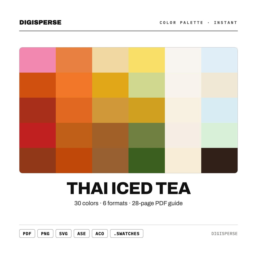 Thai Iced Tea Color Palette | 30 Colors | Hex RGB CMYK | Procreate Swatches + ASE | Digital Download