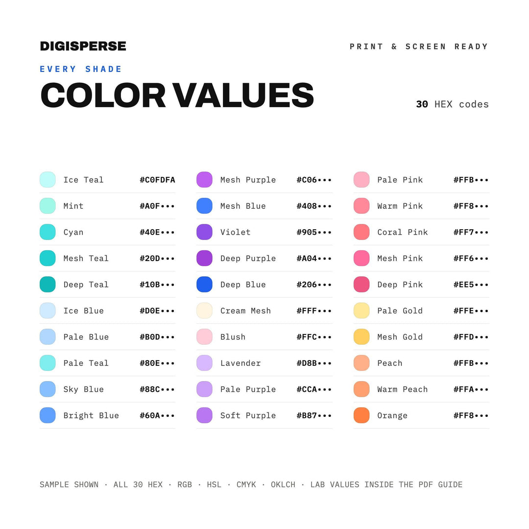 Gradient Mesh Color Palette | 30 Colors | Hex RGB CMYK | Color Guide | Procreate Swatches + ASE | Digital Download