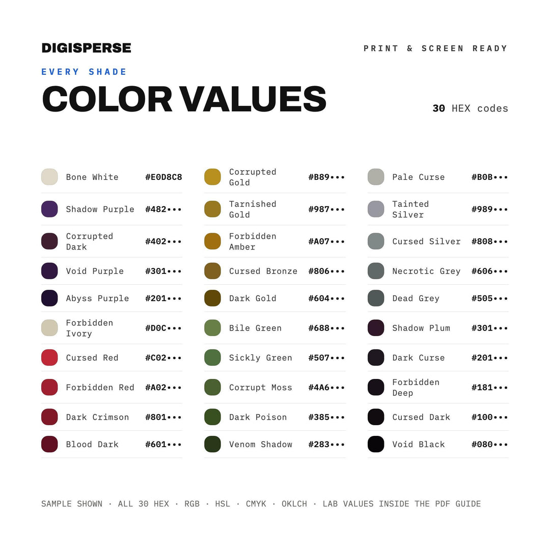 Forbidden Magic Color Palette | 30 Colors | Hex RGB CMYK | Color Guide | Procreate Swatches + ASE | Digital Download
