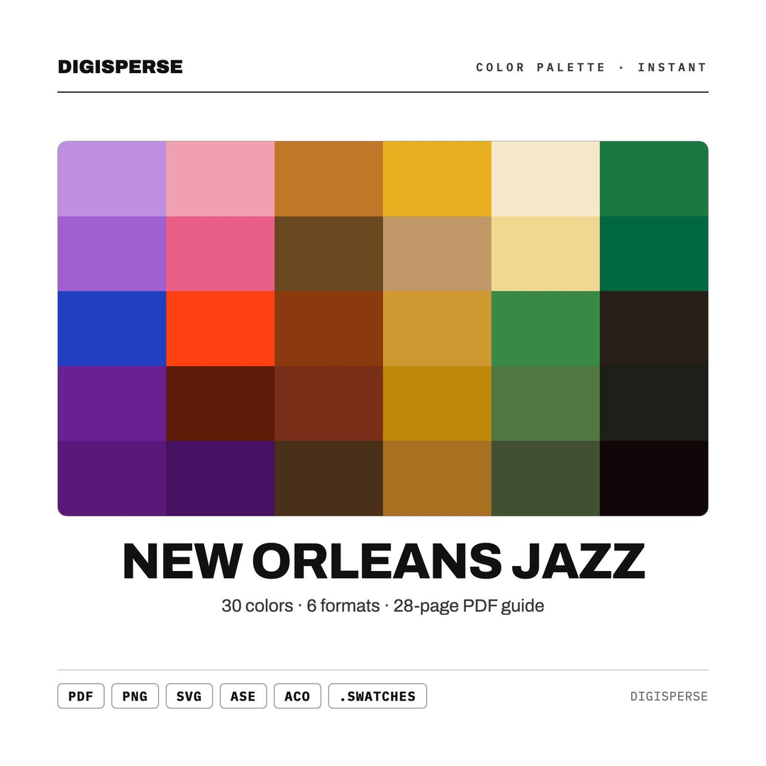 New Orleans Jazz Color Palette | 30 Colors | Hex RGB CMYK | Color Guide | Procreate Swatches + ASE | Digital Download