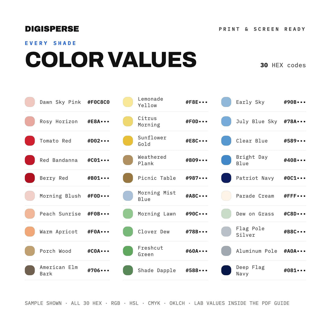 Fourth of July Morning Color Palette | 30 Colors | Hex RGB CMYK | Procreate Swatches + ASE | Digital Download