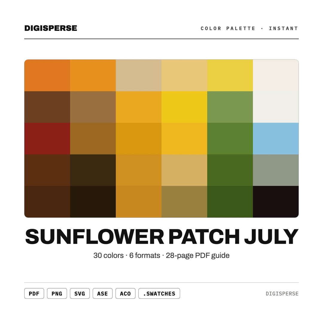 Sunflower Patch July Color Palette | 30 Colors | Hex RGB CMYK | Procreate Swatches + ASE | Digital Download