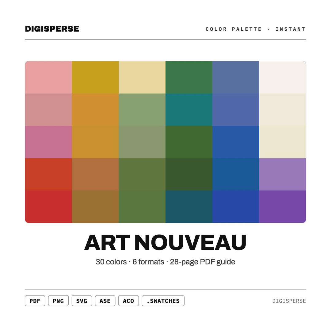 Art Nouveau Color Palette | 30 Colors | Hex RGB CMYK | Color Guide | Procreate Swatches + ASE | Digital Download