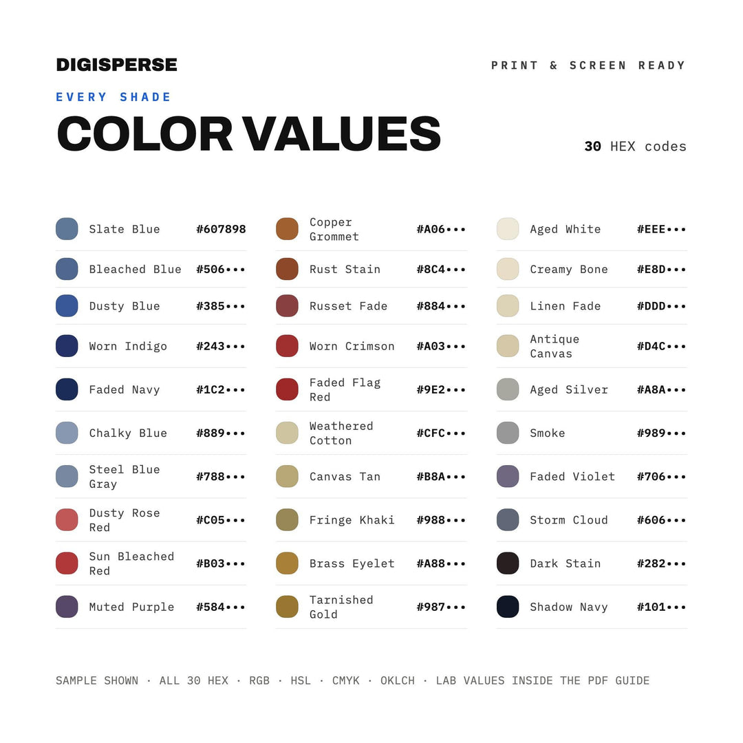 Old Glory Weathered Color Palette | 30 Procreate Swatches, Hex, RGB, CMYK, ASE (Digital Download)