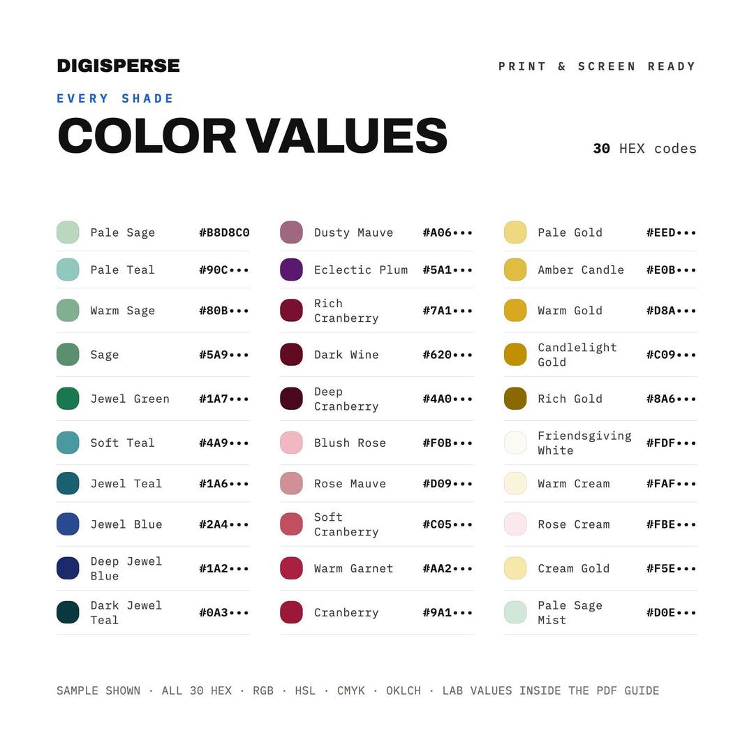 Friendsgiving Table Color Palette | 30 Colors | Hex RGB CMYK | Procreate Swatches + ASE | Digital Download