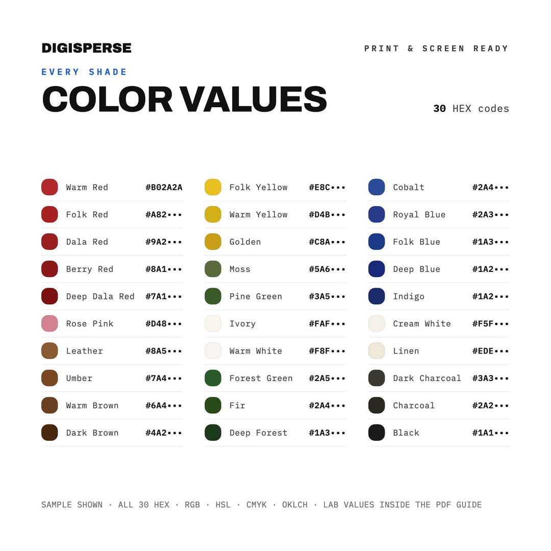 Scandinavian Folk Color Palette | 30 Procreate Swatches, HEX, RGB, CMYK (Digital Download)