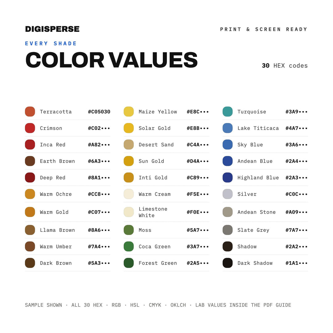 Inca Empire Color Palette | 30 Colors | Hex RGB CMYK | Color Guide | Procreate Swatches + ASE | Digital Download