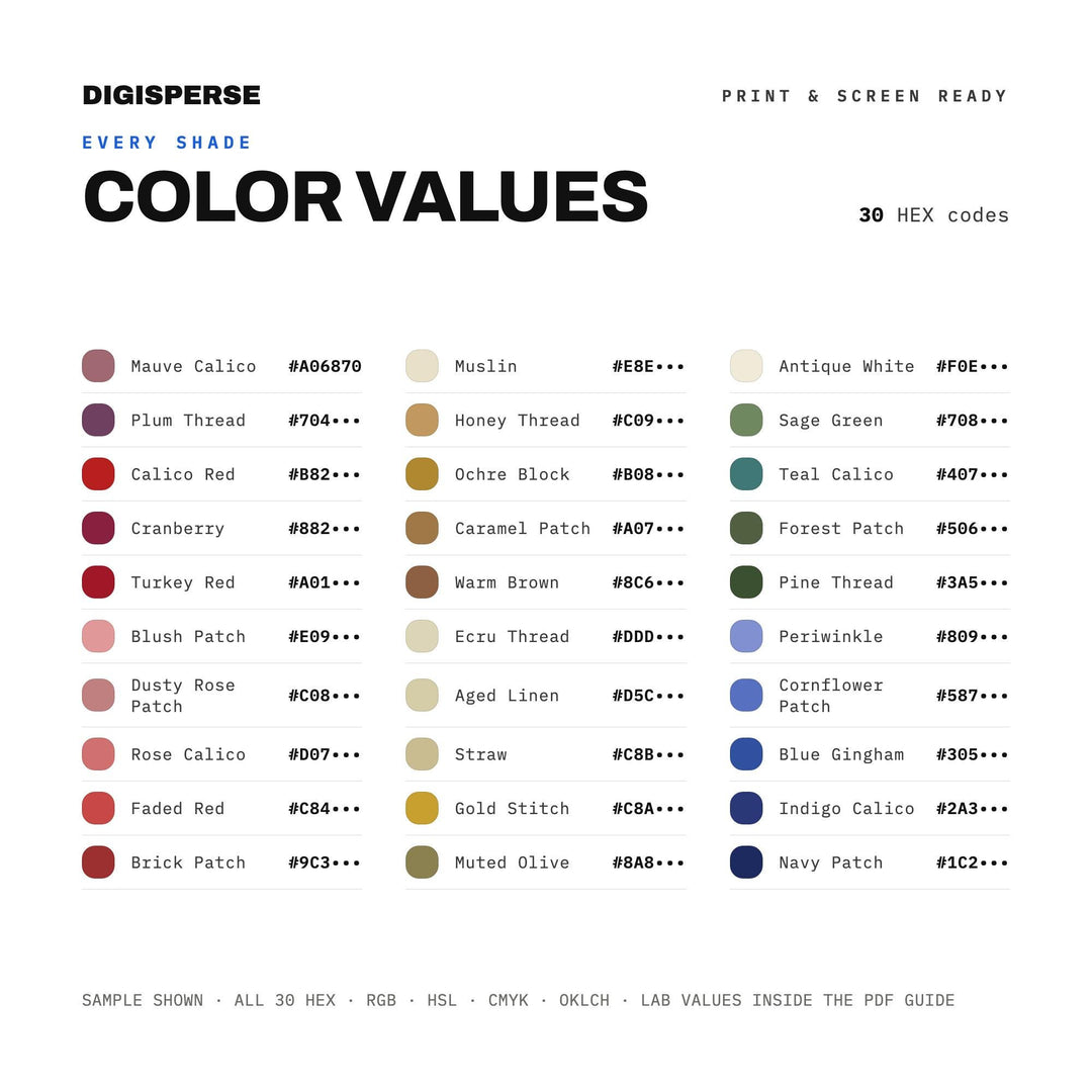 Americana Quilt Color Palette | 30 Colors | Hex RGB CMYK | Procreate Swatches + ASE | Digital Download