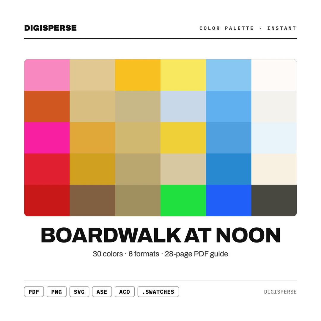 Boardwalk at Noon Color Palette | 30 Colors | Hex RGB CMYK | Procreate Swatches + ASE | Digital Download
