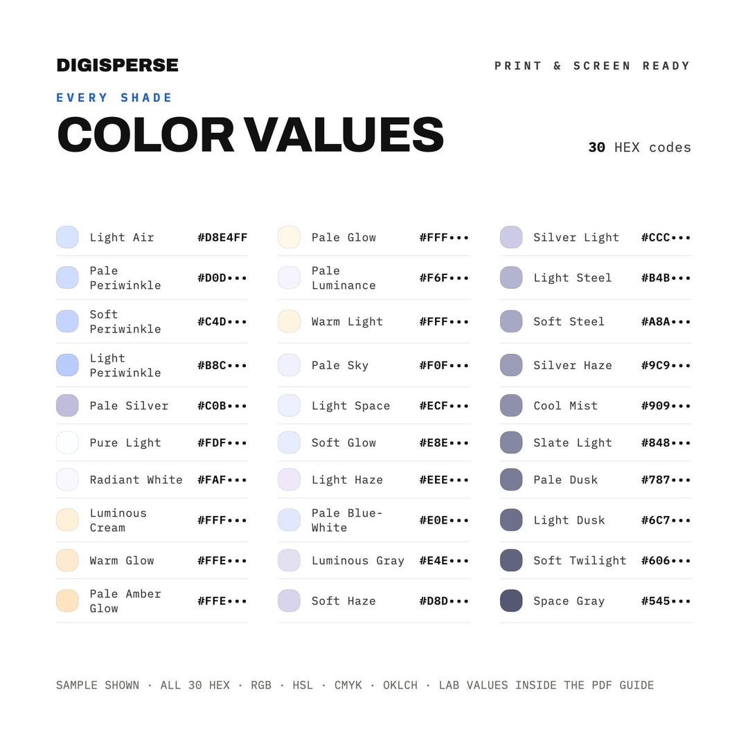 Light and Space Color Palette | 30 Procreate Swatches, HEX, RGB, CMYK (Digital Download)