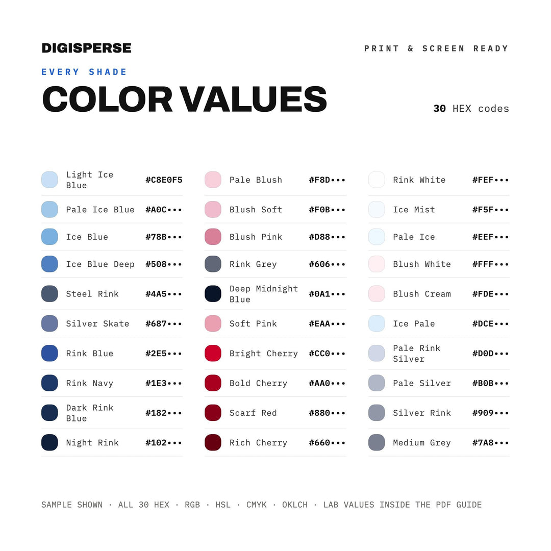 Cool Winter Color Palette for Ice Rink Art and Frosty Holiday Branding, 30 Skating Blue Hues, Procreate Swatches