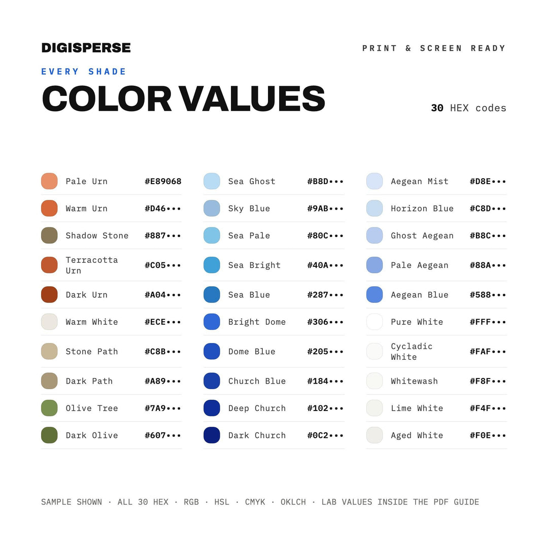 Greek Island Color Palette | 30 Procreate Swatches, ASE Guide (Digital Download)