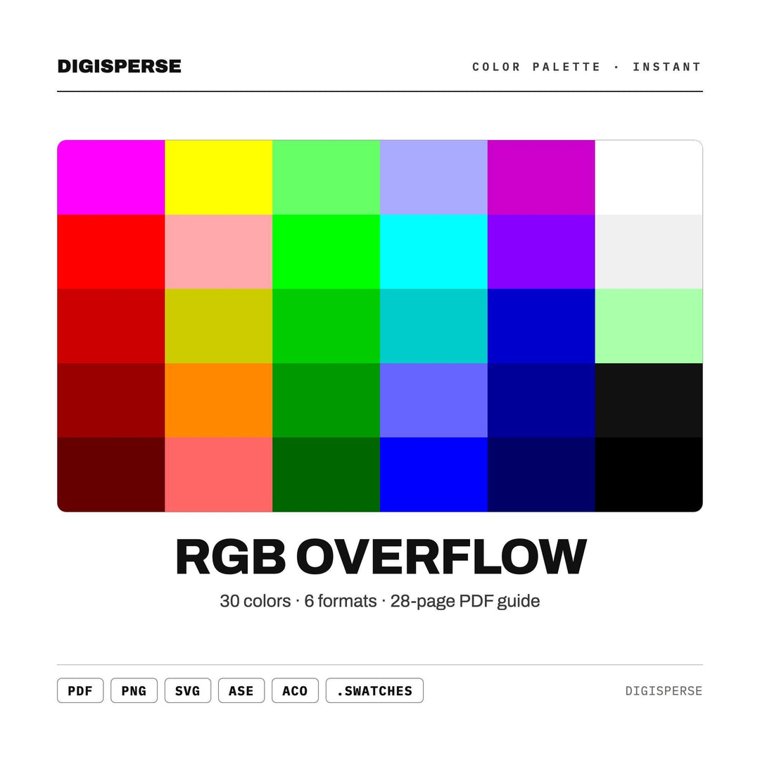 Saturated Neon Color Palette for Glitch Digital Art and Cyberpunk Branding, 30 Oversaturated Pixel Hues, Procreate Swatches, Hex Codes