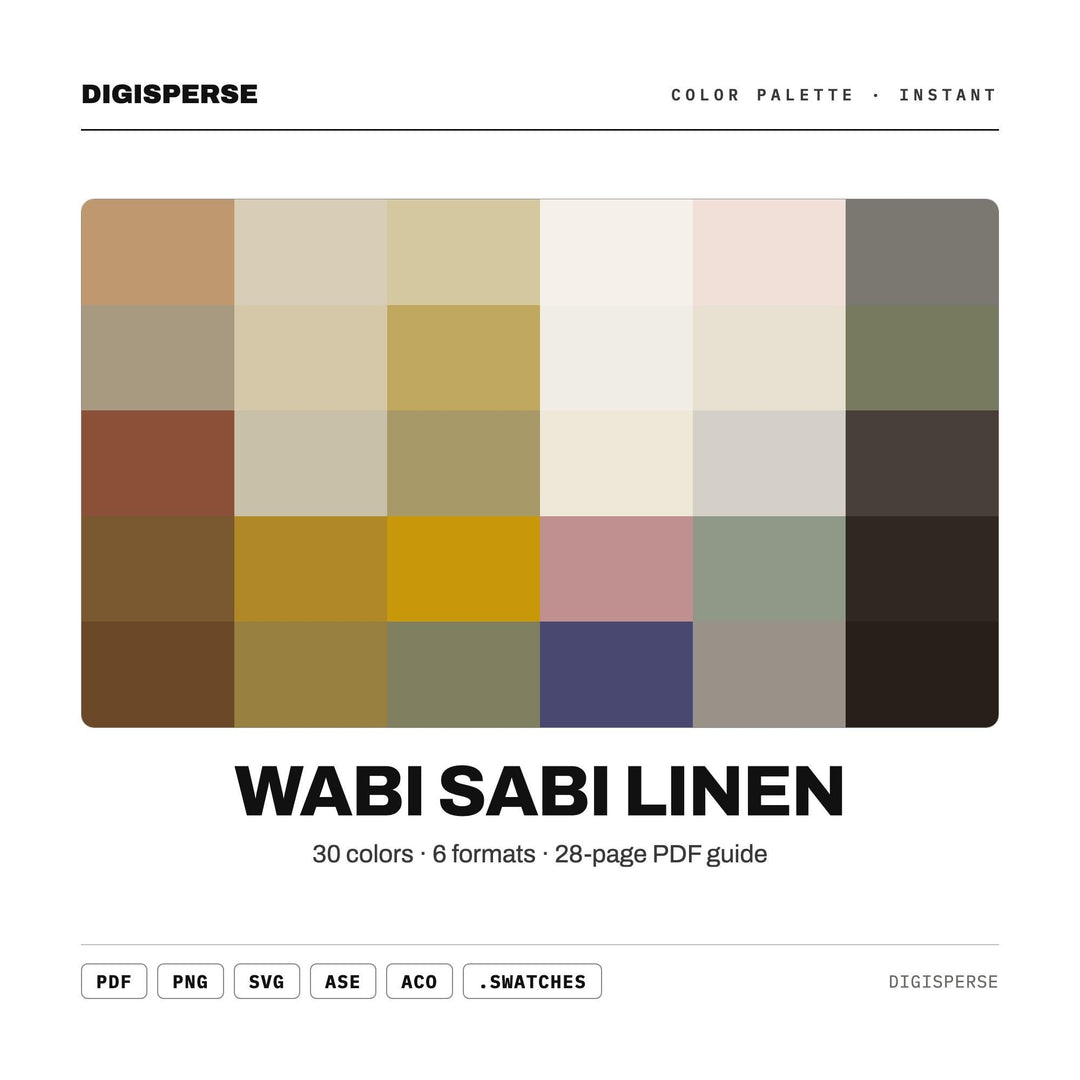 Wabi Sabi Linen Color Palette | 30 Colors | Hex RGB CMYK | Procreate Swatches + ASE | Digital Download