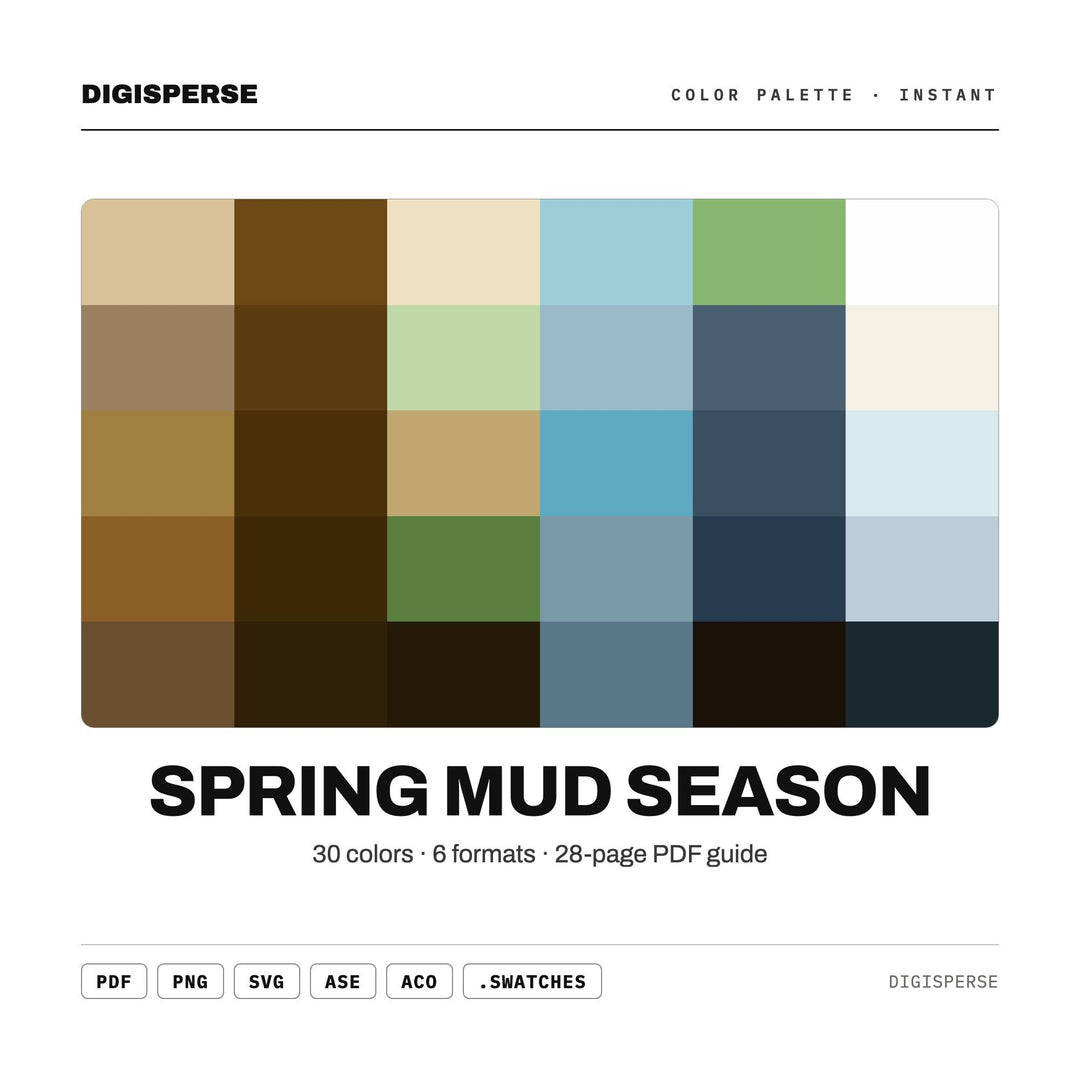 Earthy Muted Color Palette for Rustic Spring Art and Farmhouse Branding, 30 Mud Season Hues, Procreate Swatches