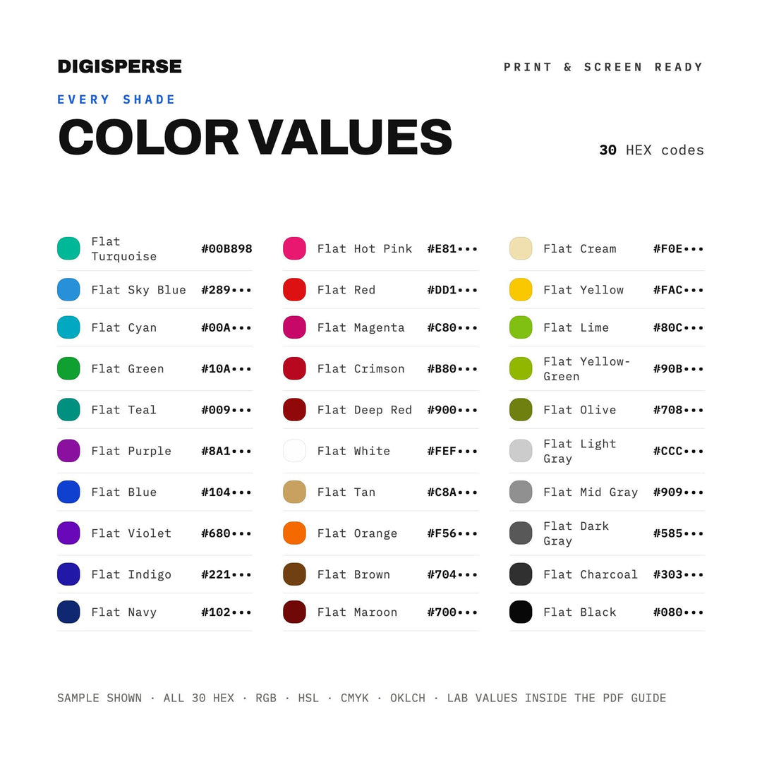 Hard-Edge Painting Color Palette | 30 Colors | Hex RGB CMYK | Color Guide | Procreate Swatches + ASE | Digital Download