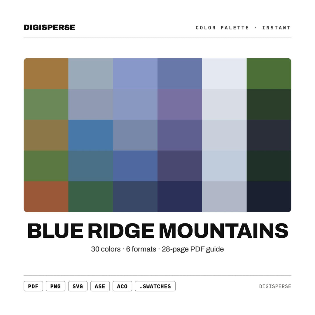 Blue Ridge Mountains Color Palette | 30 Procreate Swatches, ASE Guide (Digital Download)
