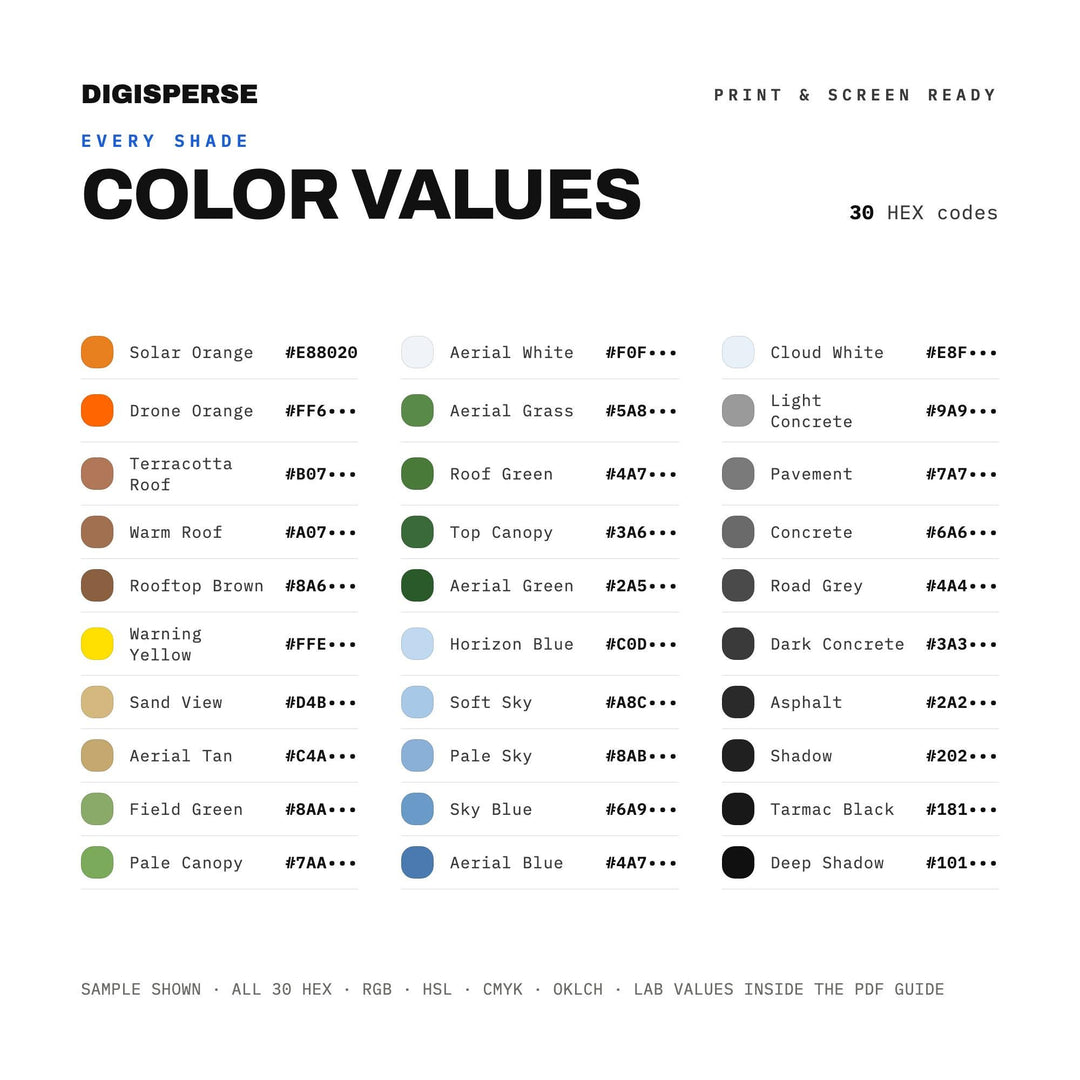 Aerial Earth Color Palette for Landscape Photography Branding and Map Art, 30 Drone View Hues, Procreate Swatches, Hex Codes