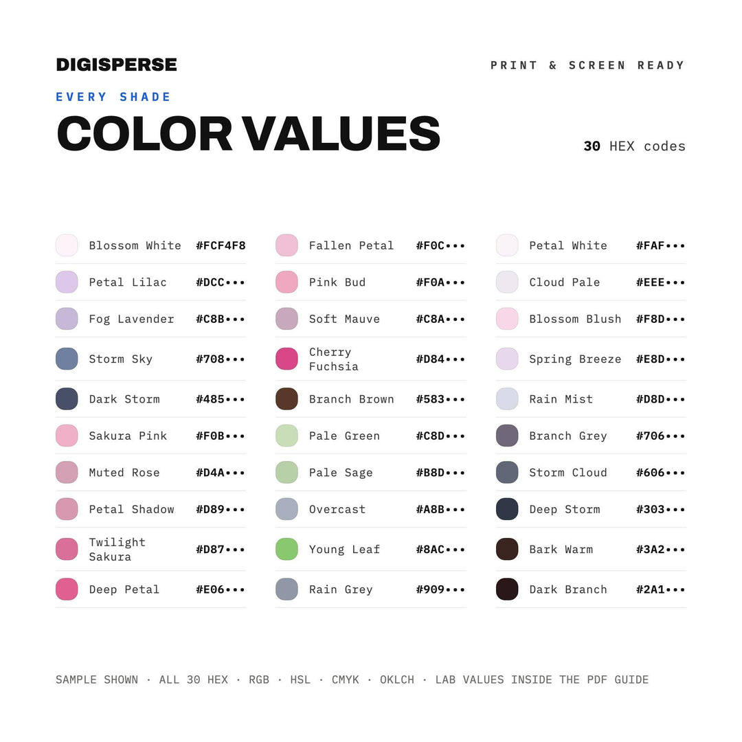 Pink and Grey Color Palette for Spring Floral Art and Moody Wedding Design, 30 Cherry Blossom Storm Hues, Procreate Swatches
