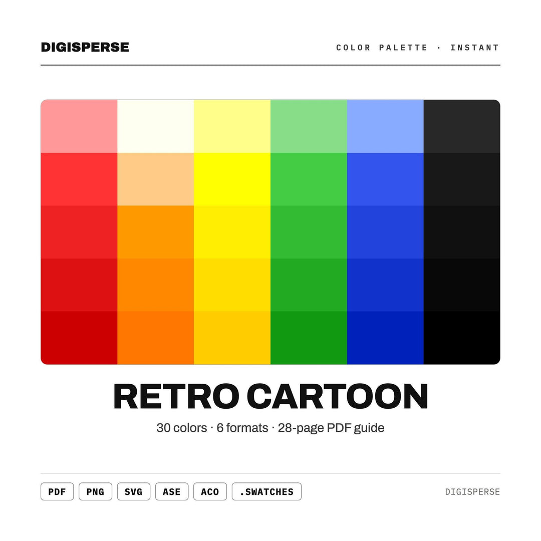 Retro Cartoon Color Palette | 30 Procreate Swatches, HEX, RGB, CMYK (Digital Download)