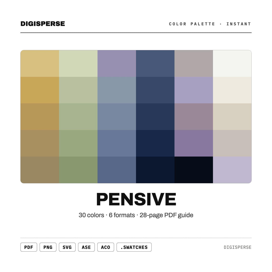 Muted Blue Color Palette for Thoughtful Portrait Art and Reflective Branding, 30 Pensive Quiet Hues, Procreate Swatches, Hex Codes