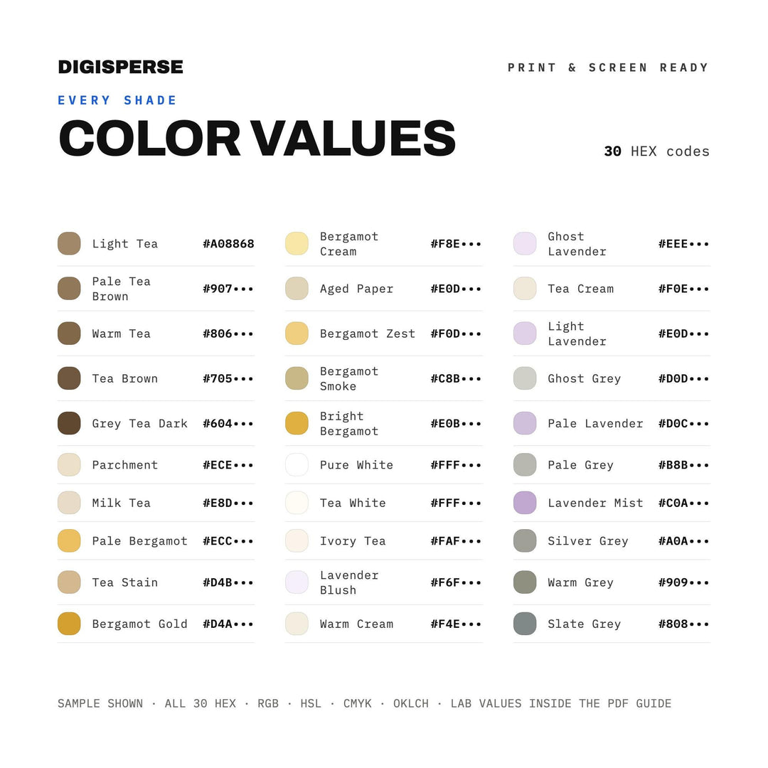 Soft Tea Inspired Color Palette for Calm Branding and Cozy Kitchen Art, 30 Earl Grey Neutral Hues, Procreate Swatches, Hex Codes
