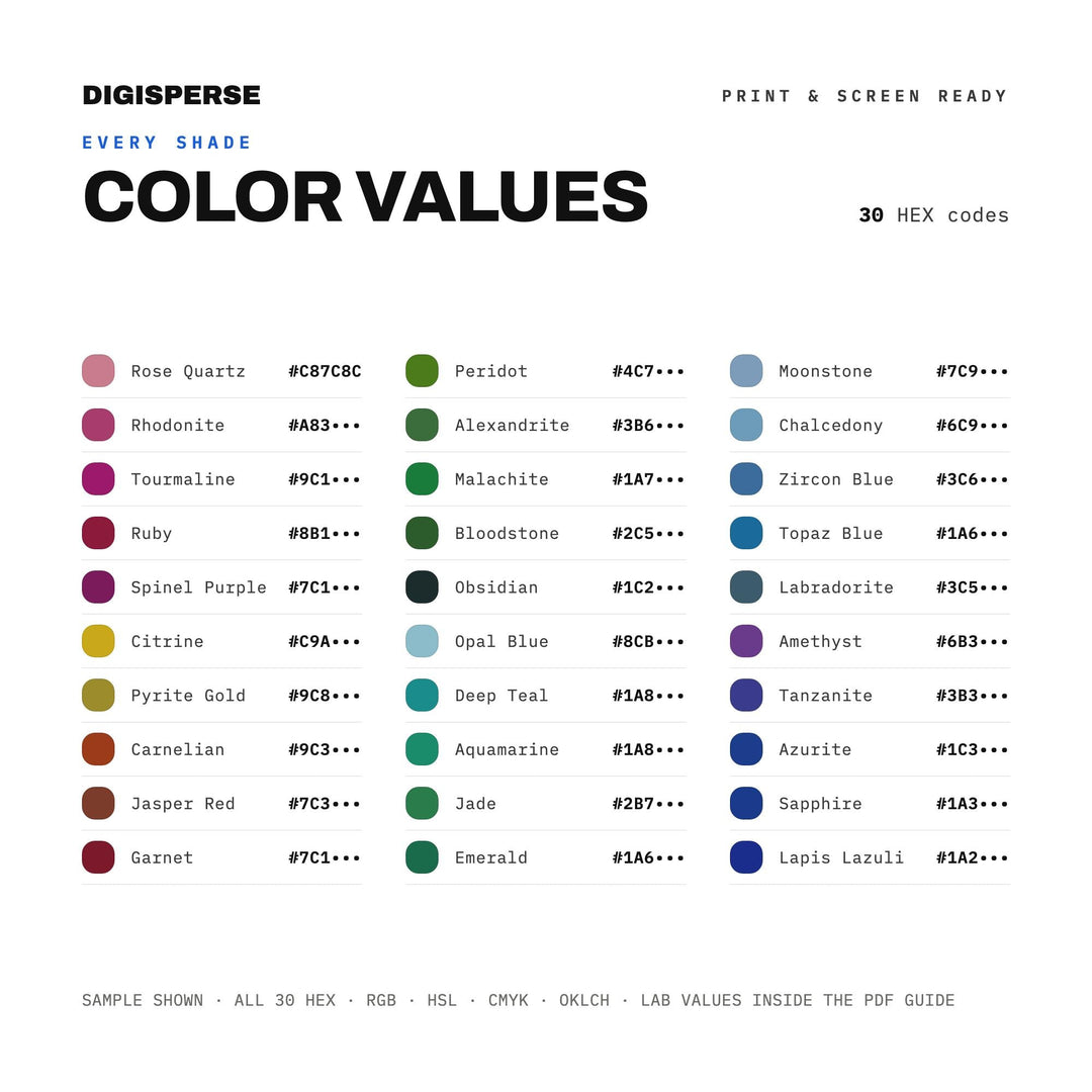 Jewel Tones Color Palette | 30 Procreate Swatches, HEX RGB CMYK Guide (Digital Download)
