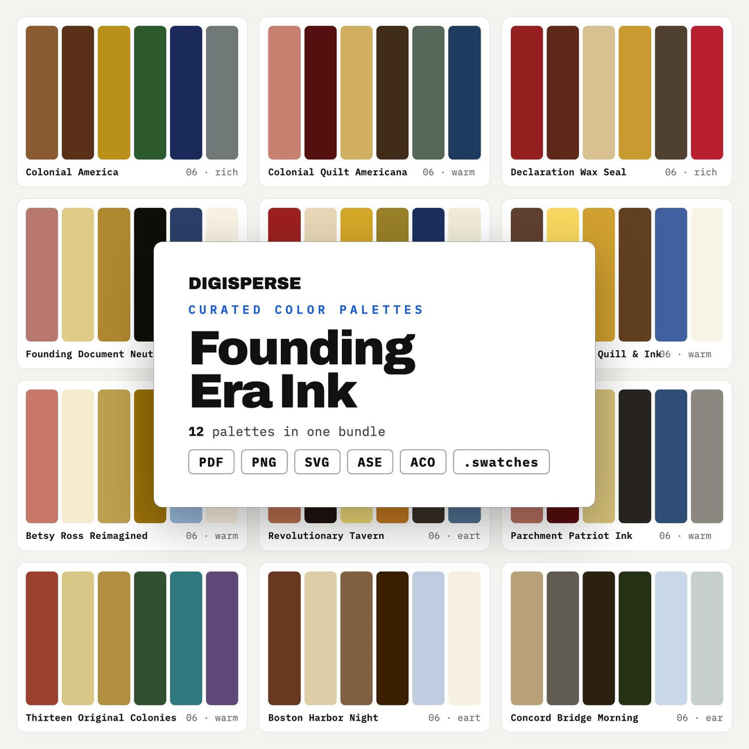 Colonial America Color Scheme Collection, 12 Founding Era Ink Palettes for History Buffs, Heritage Branding and Antique Decor