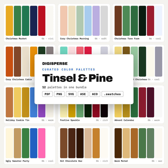 Mega Lot de Palettes de Couleurs de Noël, 12 Palettes de Fêtes Étain et Pin pour la Fabrication de Cartes, la Conception d'Emballages Cadeaux et la Décoration Festive