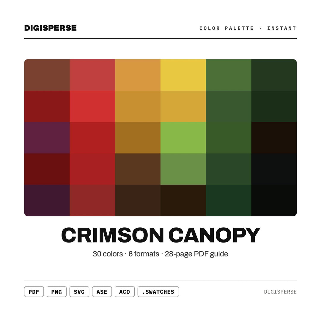 Crimson Canopy Color Palette | 30 Colors | Hex RGB CMYK | Color Guide | Procreate Swatches + ASE | Digital Download