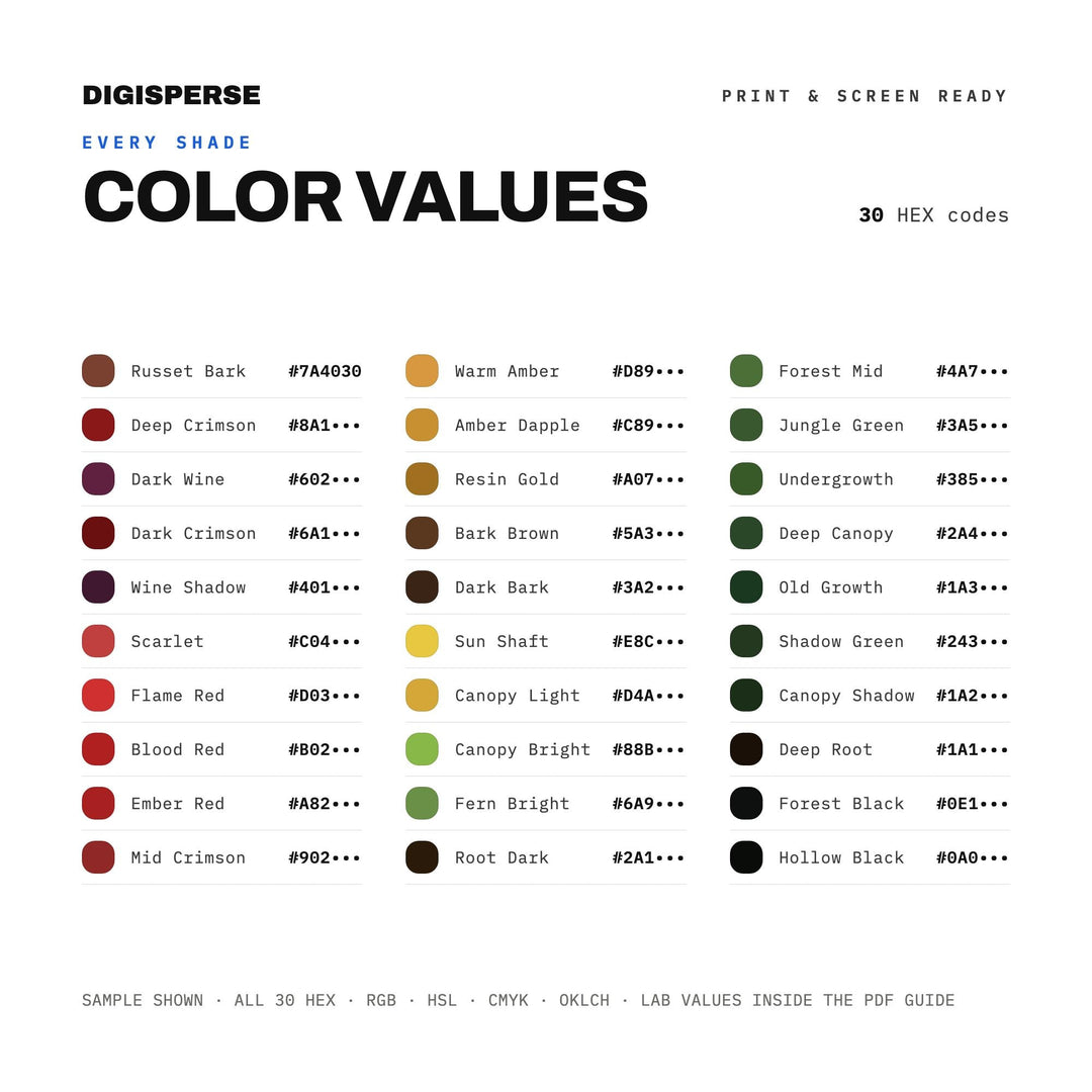 Crimson Canopy Color Palette | 30 Colors | Hex RGB CMYK | Color Guide | Procreate Swatches + ASE | Digital Download