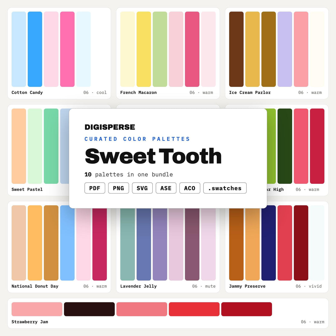 Candy Color Palette Pack, 10 Sweet Tooth Dessert Schemes for Bakery Logos, Candy Shop Branding and Birthday Treat Design
