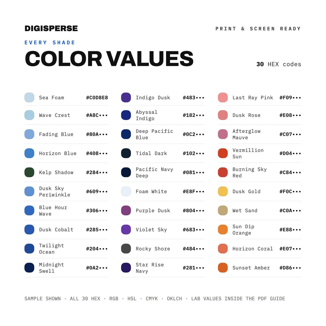 Pacific Ocean Dusk Color Palette | 30 Procreate Swatches, ASE, PDF (Digital Download)