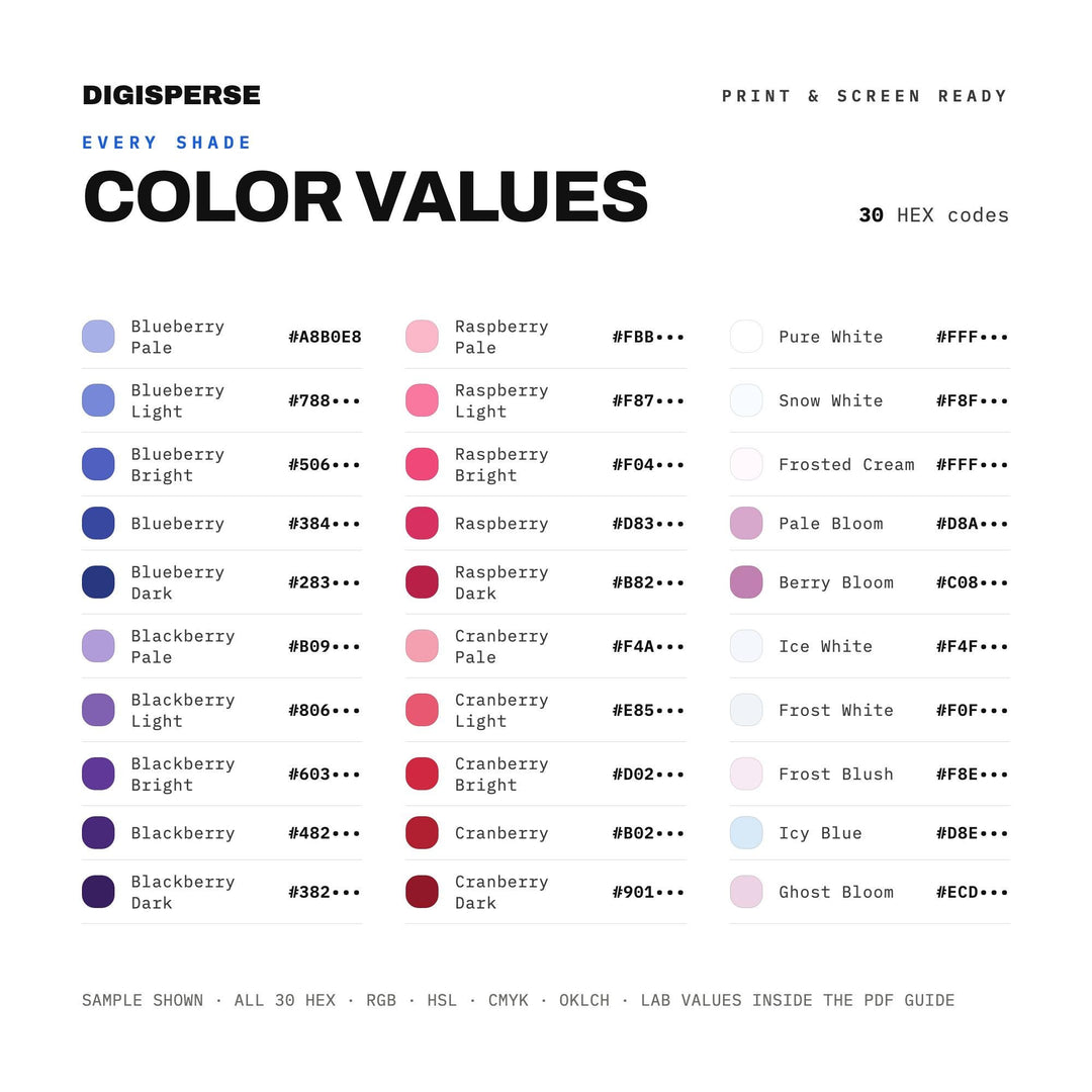 Frosted Berry Color Palette | 30 Procreate Swatches, ASE, PDF Guide (Digital Download)