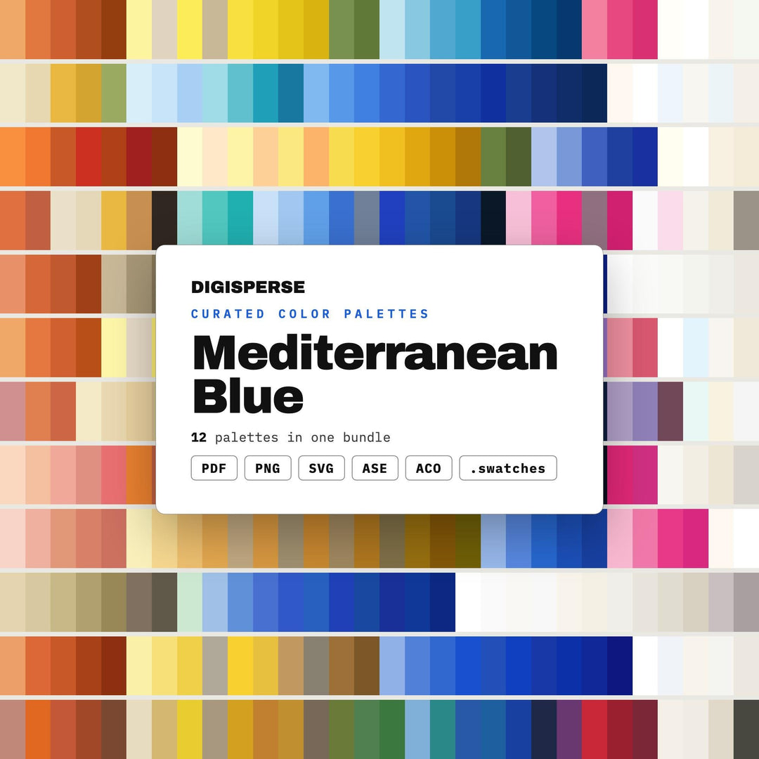 Mediterranean Color Palette Mega Set, 12 Aegean Blue Schemes for Travel Branding, Coastal Villa Decor and Restaurant Menus