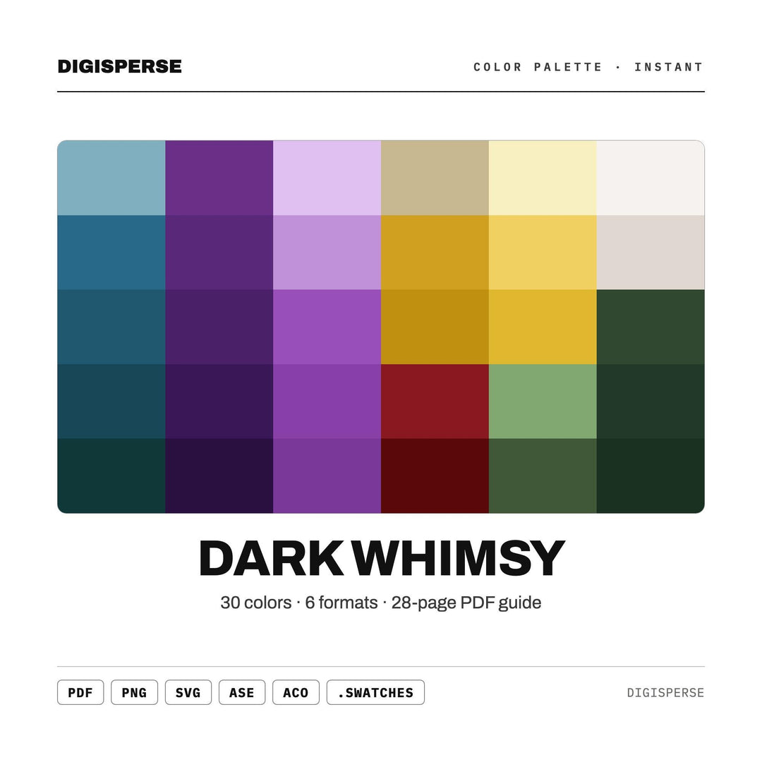 Moody Magical Color Palette for Gothic Fairytale Art and Whimsigoth Branding, 30 Dark Whimsy Hues, Procreate Swatches, Hex Codes