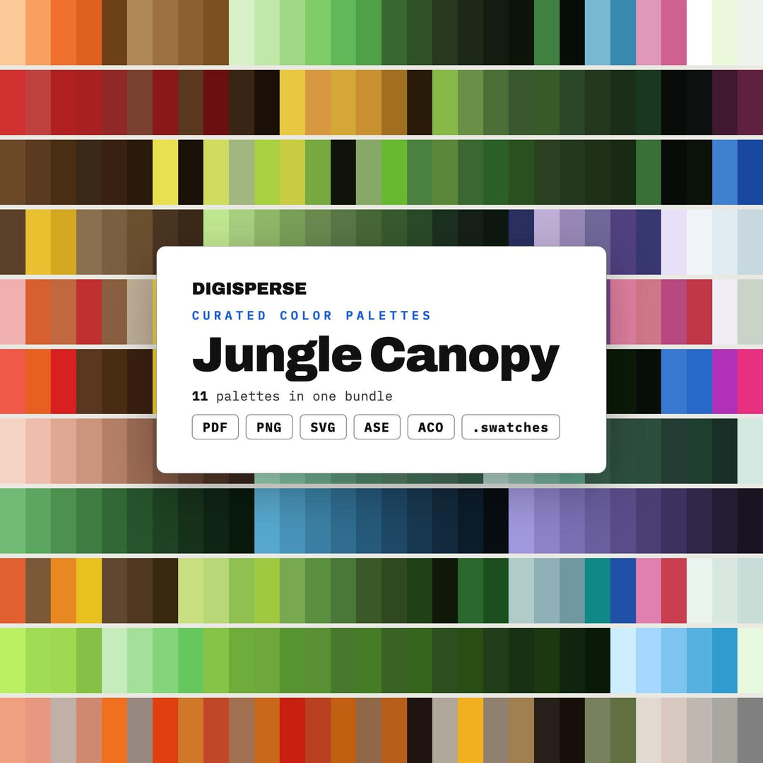 Tropical Jungle Color Scheme Set, 11 Canopy Green Palettes for Rainforest Art, Plant Shop Branding and Exotic Print Design