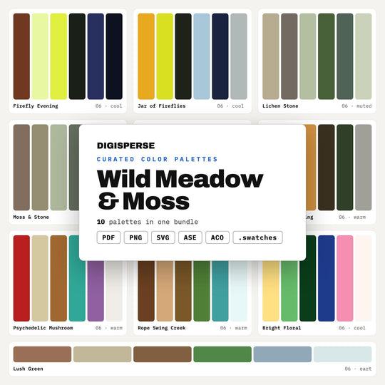 Ensemble de palettes "Couleurs de fleurs sauvages", 10 palettes "Prairie et Mousse" pour l'art botanique, la conception de marques écoresponsables et la décoration de mariages champêtres