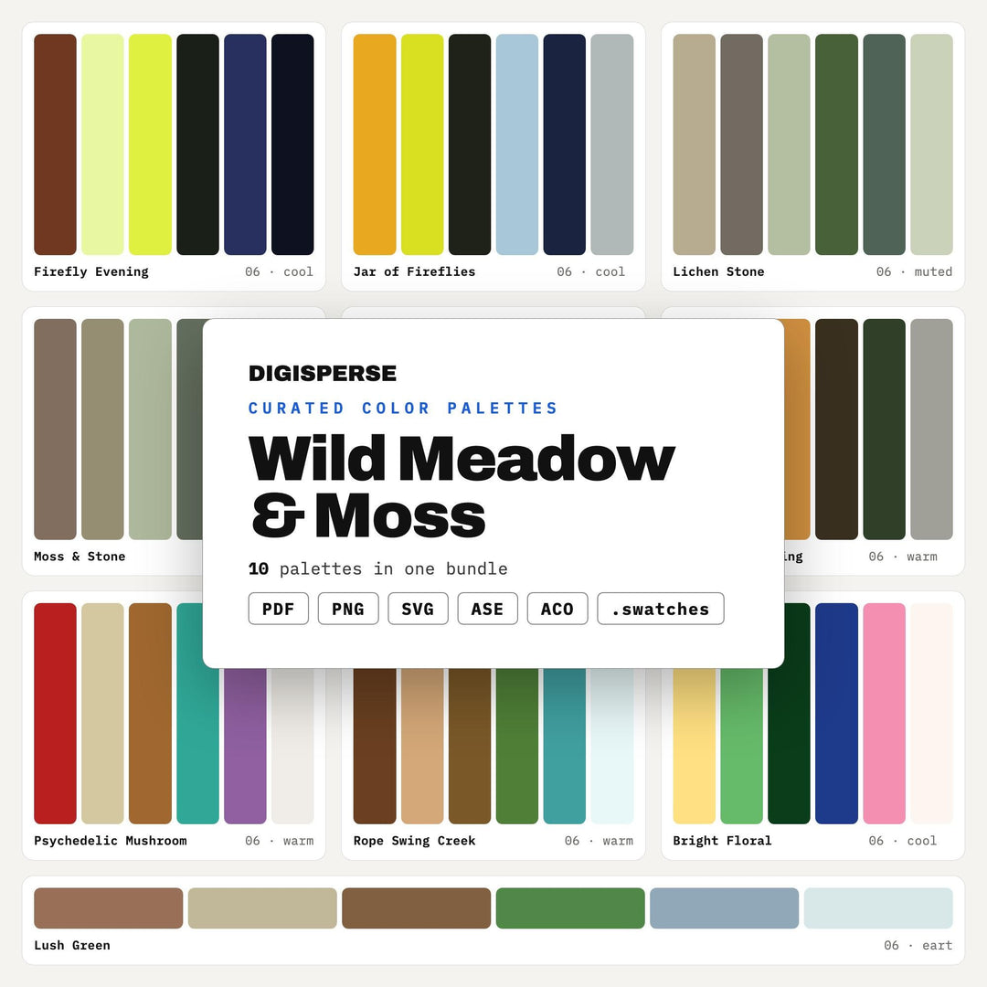 Wildflower Color Scheme Bundle, 10 Meadow and Moss Palettes for Botanical Art, Eco Brand Design and Woodland Wedding Decor
