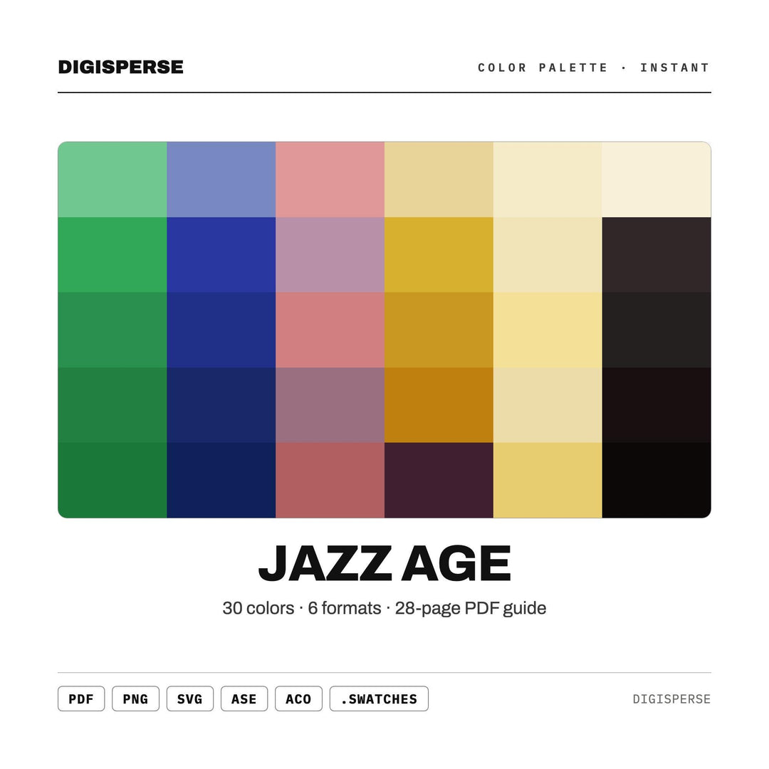 Jazz Age Color Palette | 30 Colors | Hex RGB CMYK | Color Guide | Procreate Swatches + ASE | Digital Download