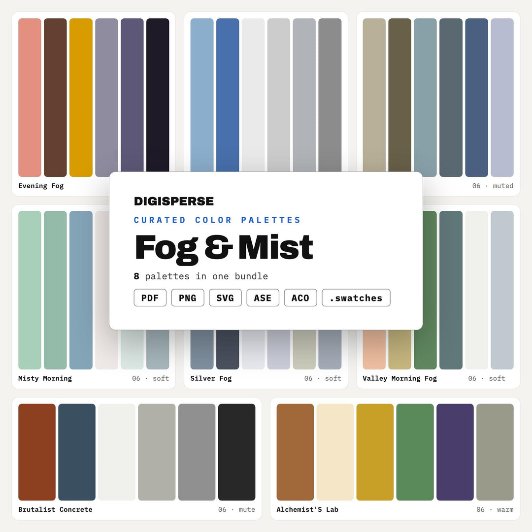 Misty Color Scheme Pack, 8 Fog and Morning Haze Palettes for Moody Photo Branding, Gothic Novel Covers and Calm Spa Decor
